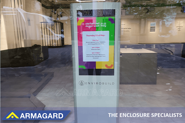 Armagard’s digital signage advertising totems chosen by EnviroBuild are dual sided for static and digital content