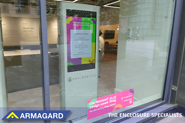 Armagard’s digital signage advertising totem in an EnviroBuild showroom window