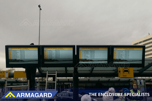 47" landscape outdoor digital signage enclosures outside an airport terminal